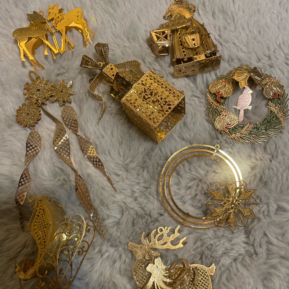 8 gold Christmas ornaments